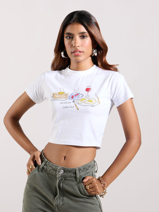 MIXT by Nykaa Fashion White Graphic Printed Round Neck Fitted Short T-Shirt