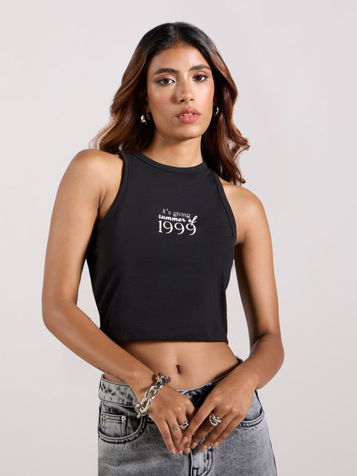 MIXT by Nykaa Fashion Black Typographic Printed Sleeveless Tank Top
