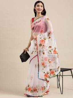 Vastranand - White Organza Party Wear Saree With Hand Paint Flower Butta with Unstitched Blouse