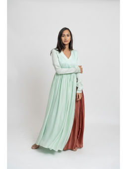 NEORA BY NEHAL CHOPRA - Green V-Neck Plain Flared Dress