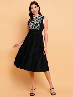 Sands of India - Black Yoke Dress with White Embroidery