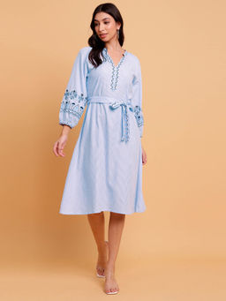 Sands of India - Blue Stripe Embroidered Dress with Detachable Belt