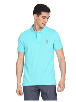 U.S. POLO ASSN. - Men Aqua Pure Cotton Solid Polo T-Shirt