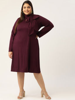 theRebelinme - Plus Size Womens Purple Solid Colour Tie-up Neck A-line Dress