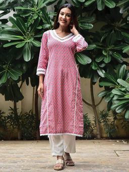 GULABI DORI - Pink Cotton Kurta With Lace