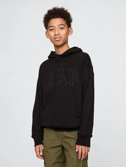 GAP - Black Solid Cotton Blend Relaxed Fit Hoodie