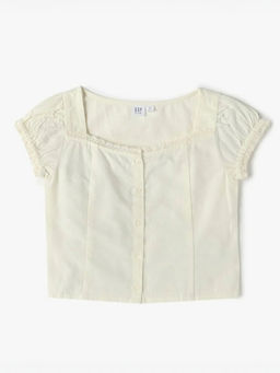 GAP - Off White Solid Cotton Blend Regular Fit Top