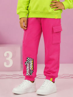 KiddoPanti - Pink Printed Fleece Regular Fit Joggers