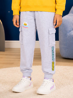 KiddoPanti - Grey Printed Fleece Regular Fit Joggers