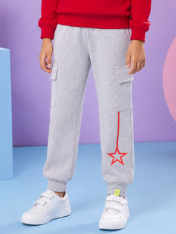 KiddoPanti - Grey Printed Fleece Regular Fit Joggers