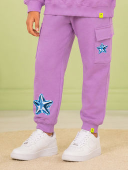 KiddoPanti - Purple Printed Fleece Regular Fit Joggers