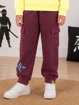 KiddoPanti - Maroon Printed Fleece Regular Fit Joggers