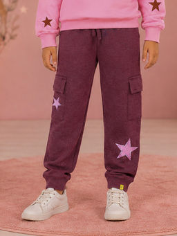 KiddoPanti - Maroon Printed Fleece Regular Fit Joggers