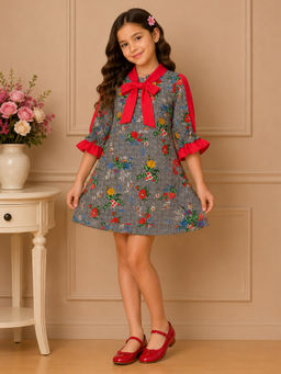 Cutecumber - Grey Printed Cotton A-Line Fit Dress