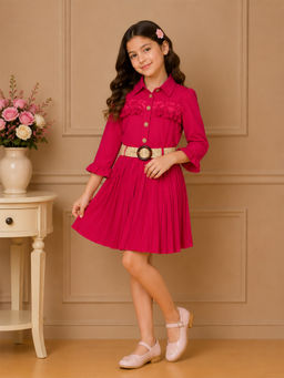 Cutecumber - Red Printed Cotton A-Line Fit Dress with Belt
