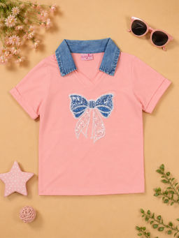 Cutecumber - Peach Embellished Cotton Regular Fit Top