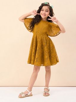 StyloBug - Mustard Self Design Polyester A-Line Fit Dress