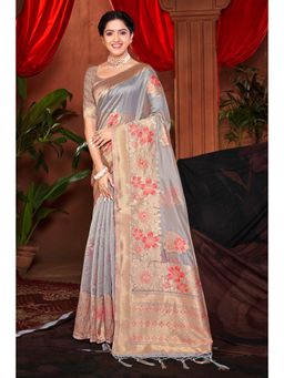Sangam Prints - Grey Silk Woven Zari Work Traditional Tassel Saree with Unstitched Blouse