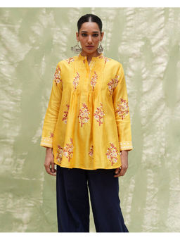 Chidiyaa - Kiran Si Tu Yellow Handblock Printed Chanderi Silk Kurti