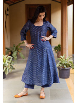 The Indian Ethnic Co. - Adara Dark Indigo Ajrakh Chanderi Silk Kali Kurta with Hand Embroidery