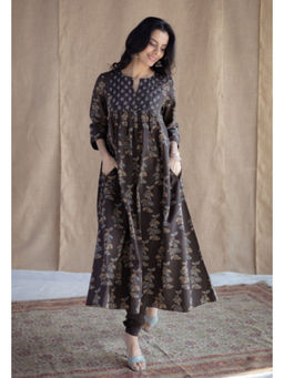 The Indian Ethnic Co. - Gitanjali Charcoal Ajrakh Cotton A Line Kurta with Hand Embroidery