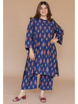 The Indian Ethnic Co. - Ayaat Blue Handloom Ikkat Cotton Straight Kurta
