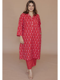 The Indian Ethnic Co. - Rusha Red Handloom Ikkat Cotton Straight Kurta