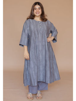 The Indian Ethnic Co. - Alizah Grey Handloom Ikkat Cotton Jhabba Kali Kurta