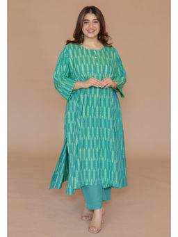 The Indian Ethnic Co. - Alizah Green Handloom Ikkat Cotton Jhabba Kali Kurta