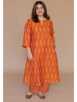 The Indian Ethnic Co. - Geet Orange Handloom Ikkat Cotton A Line Kurta