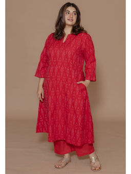 The Indian Ethnic Co. - Geet Red Handloom Ikkat Cotton A Line Kurta