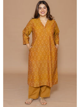 The Indian Ethnic Co. - Avika Yellow Handloom Ikkat Cotton Straight Kurta