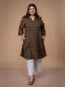 The Indian Ethnic Co. - Daksha Brown Ajrakh Cotton A Line Kurta