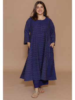 The Indian Ethnic Co. - Alizah Blue Handloom Ikkat Cotton Jhabba Kali Kurta