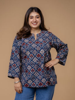 The Indian Ethnic Co. - Navya Blue Ajrakh Cotton Straight short Kurti