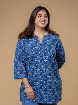 The Indian Ethnic Co. - Mishel Blue Dabu Cotton Straight Short Kurti