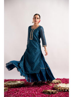 EKOHUM - Teal Zari Woven Silk Chanderi Straight Kurta