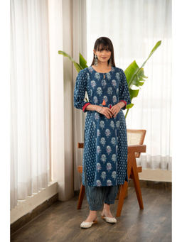 EKOHUM - Indigo Blue Printed Straight Kurta