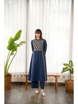 EKOHUM - Indigo Blue Cotton Printed Yoke A-Line Kurta