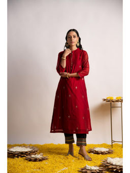 EKOHUM - Maroon Silk Chanderi Straight Kurta