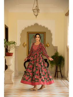 EKOHUM - Floral Green Printed Angrakha Kalidaar Kurta