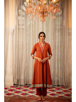 EKOHUM - Rust Orange Bandhej Printed Embroidered A-Line Kurta