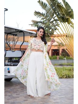 Rizabella - Off White Mirror Work Top And Palazzo With Shrug