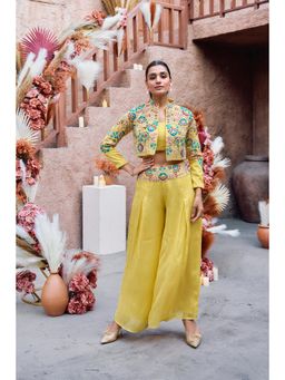 Rizabella - Yellow Thread Work Top And Palazzo With Shrug