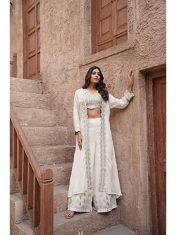 Rizabella - Off White Lace Work Top And Palazzo With Shrug