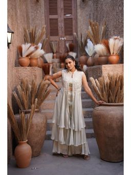 Rizabella - Ivory Thread Work Top And Palazzo With Shrug