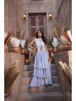 Rizabella - Blue Thread Work Top And Palazzo With Shrug