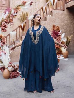 Rizabella - Navy Blue Beads And Stones Kaftan And Sharara