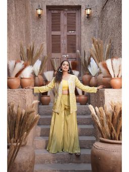 Rizabella - Yellow Thread Work Top And Palazzo With Shrug