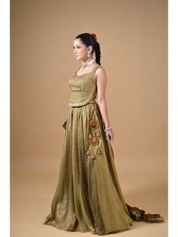 Label Nilansha Jain - Rivaayat Olive Tissue Aari Work Stitched Lehenga With Choli And Dupatta